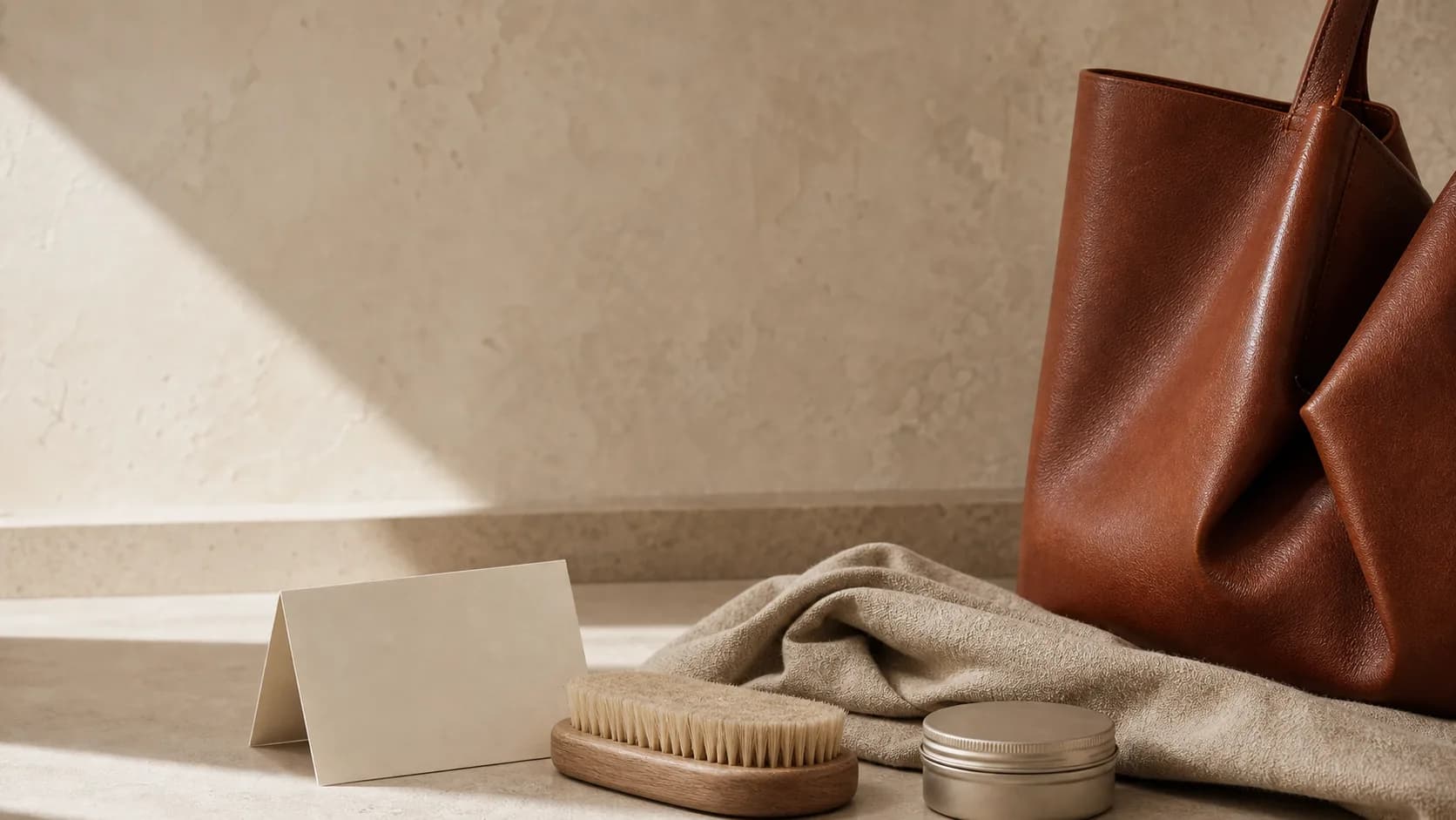 Leather care still life with tote detail, brush, linen, and unbranded care objects.